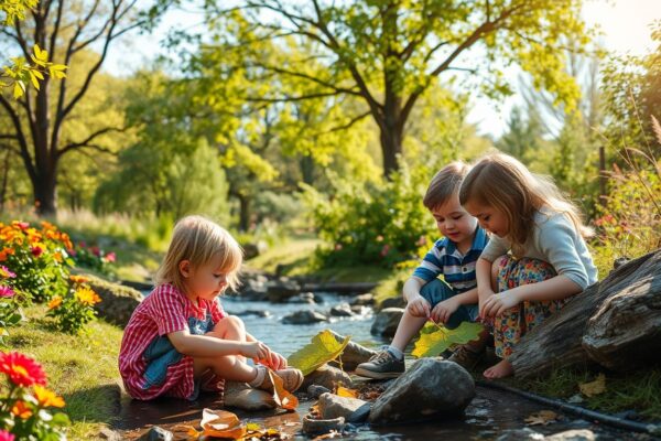 A natural playground surrounded by trees, featuring wooden structures, slides, stepping stones, logs, and colorful flowers.