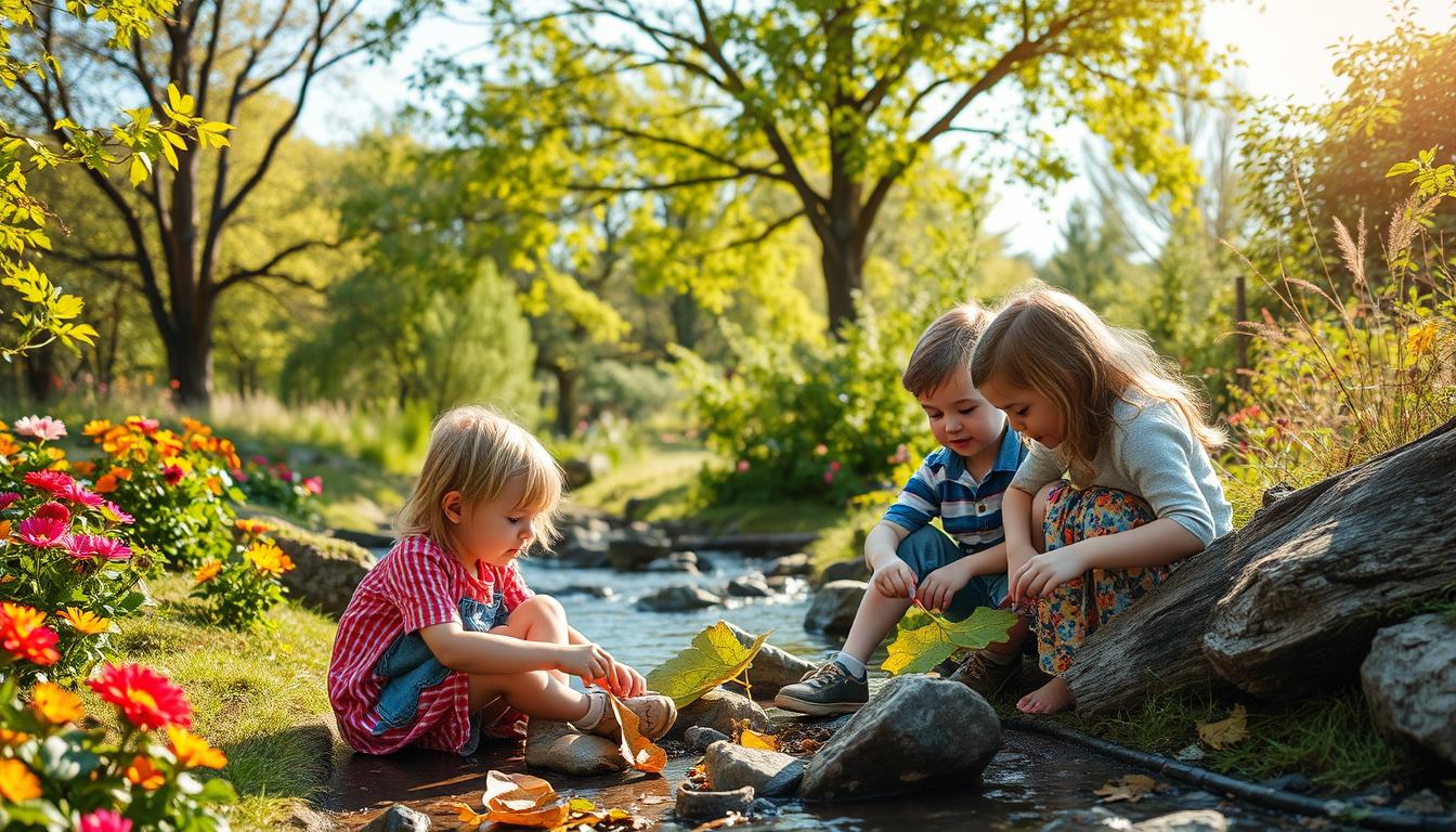 A natural playground surrounded by trees, featuring wooden structures, slides, stepping stones, logs, and colorful flowers.