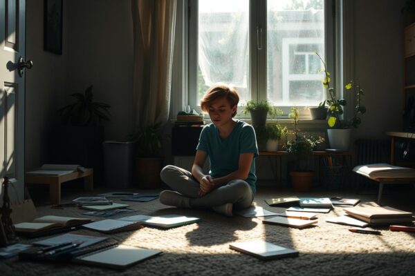 A dark and somber room with minimal light coming through a window, highlighting scattered papers and cups on the floor. The silhouette of a person sitting on the floor is barely visible in the shadows.