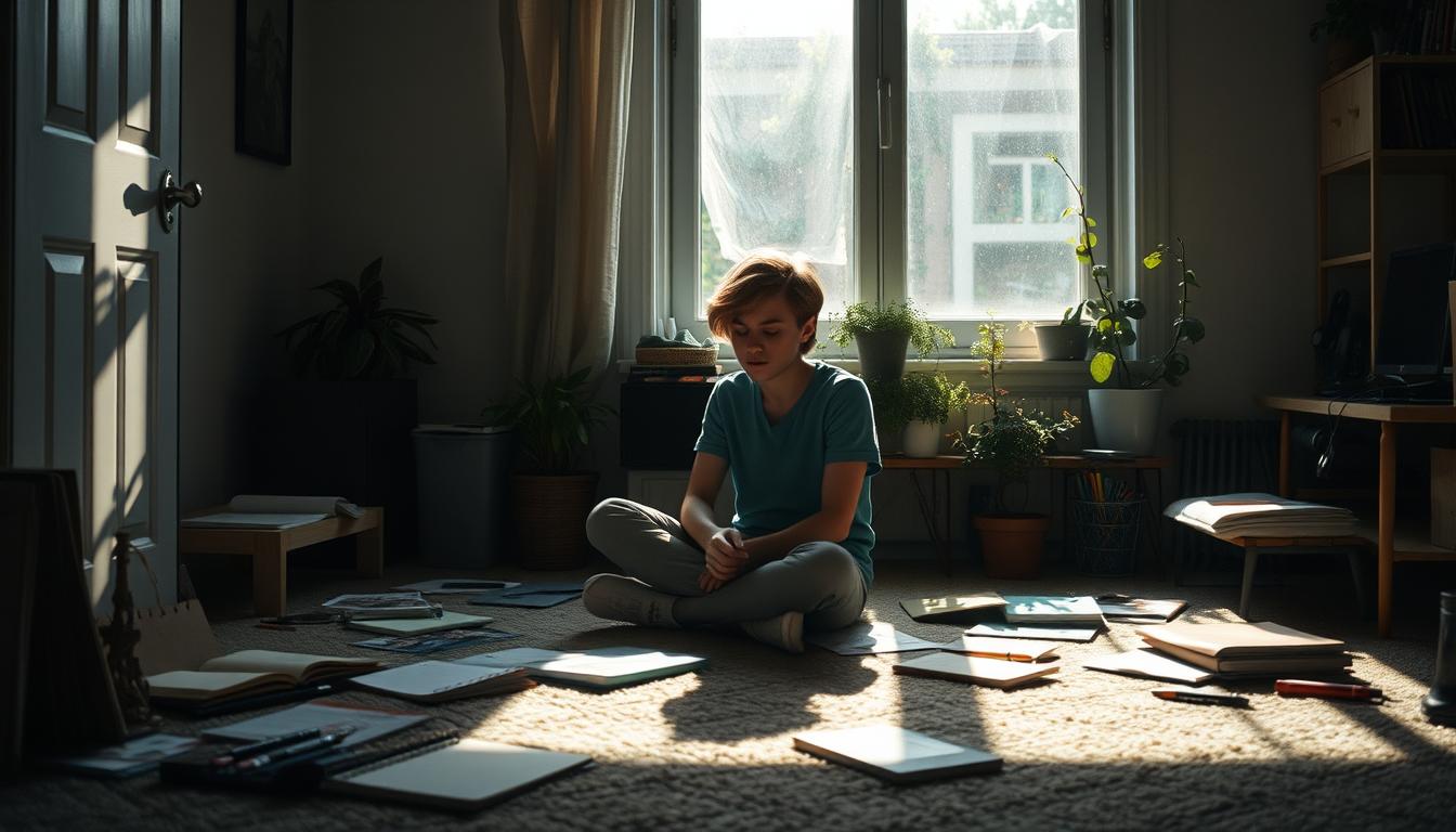 A dark and somber room with minimal light coming through a window, highlighting scattered papers and cups on the floor. The silhouette of a person sitting on the floor is barely visible in the shadows.