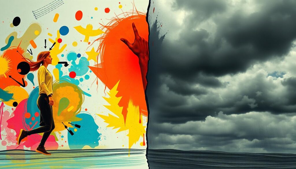 A conceptual illustration showing a young woman walking from a vibrant and colorful world full of abstract shapes into a dark and stormy environment, representing bipolar disorder's emotional highs and lows.