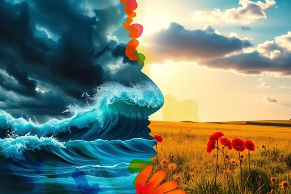 A conceptual image splitting into two halves: one showing turbulent waves and a stormy sky, the other depicting a sunny field of flowers, representing the emotional extremes of bipolar disorder.