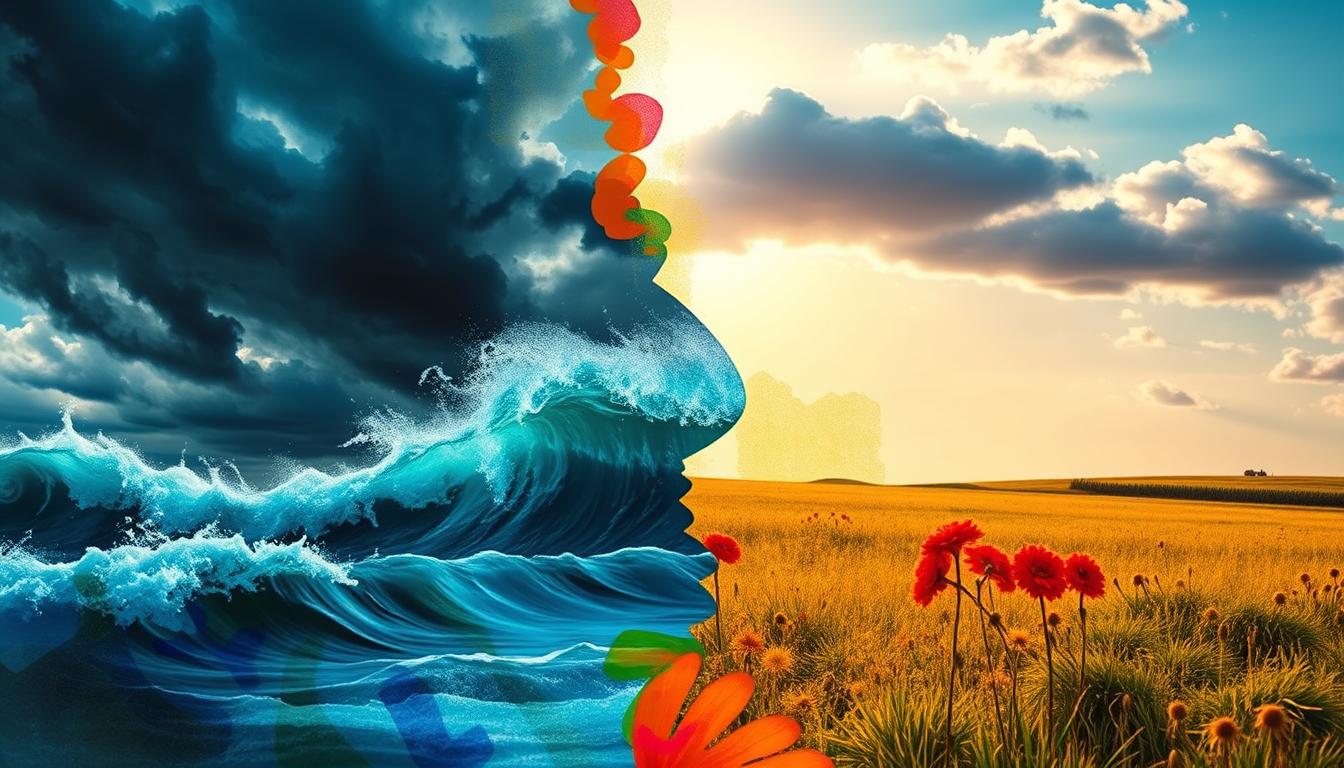 A conceptual image splitting into two halves: one showing turbulent waves and a stormy sky, the other depicting a sunny field of flowers, representing the emotional extremes of bipolar disorder.