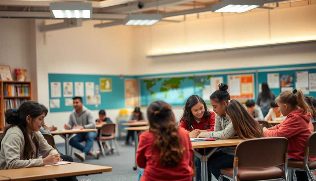 teen Teenagers in a classroom setting, sitting at tables in small groups, working together on tasks with a teacher in the background.