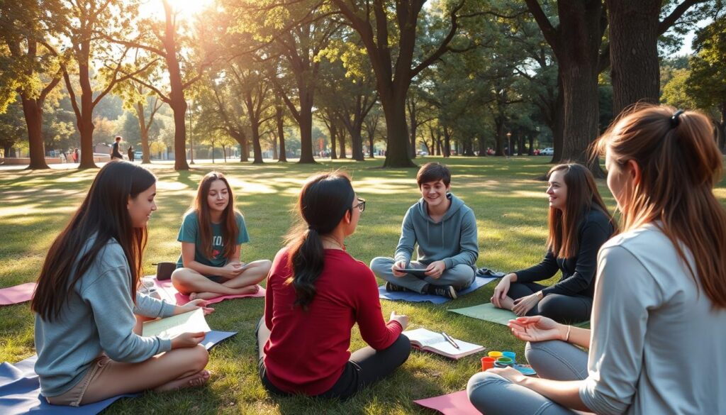 Teenagers sitting in a circle outdoors on a sunny day, engaging in a group discussion surrounded by trees and greenery.